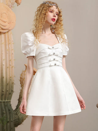 Ribbon Puff-sleeve Princess A-line Derss in white