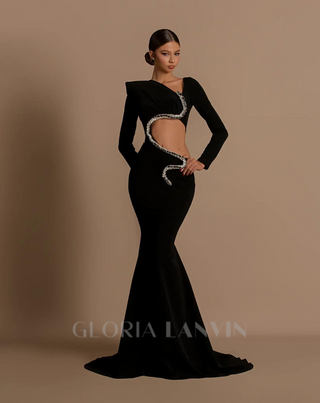 Rhinestone Embellished Floor-Length Dress in black