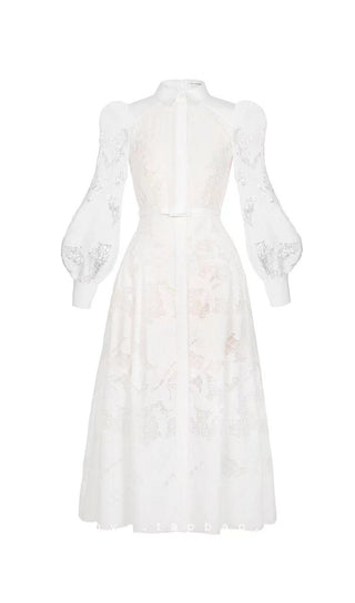 WHITE LACE EMBROIDERED FULL HEM MIDI DRESS