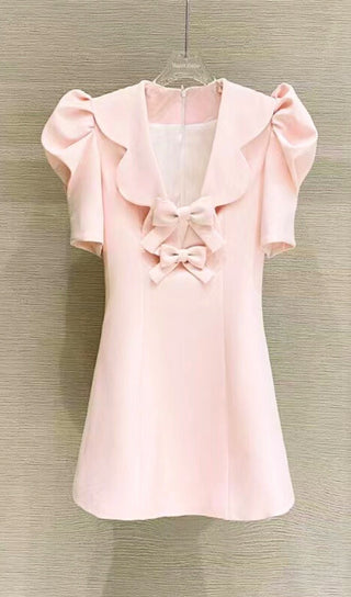 Pink Bow Puff Sleeve Mini Dress