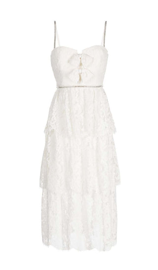 FRONT BOW TIERED MIDI DRESS IN WHITE