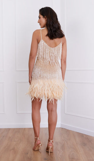 CHAMPAGNE TASSEL FEATHER MINI DRESS