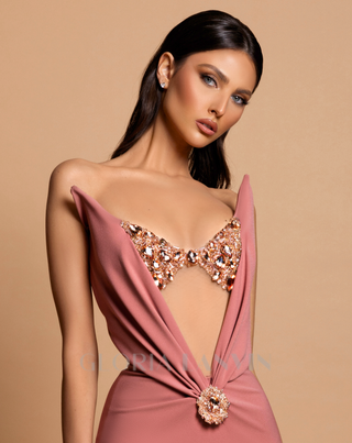 off-shoulder crystal embellished bodycon maxi dress in Iceberry Pink