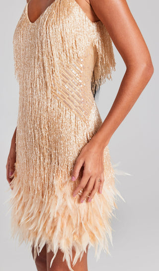 CHAMPAGNE TASSEL FEATHER MINI DRESS