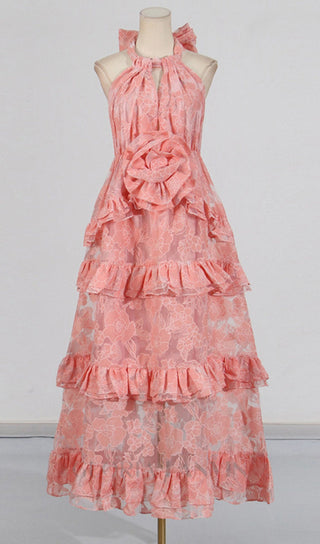 halter flower rruffle maxi dress in pink