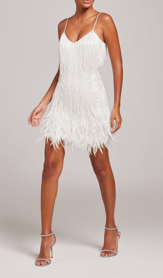 WHITE TASSEL FEATHER MINI DRESS