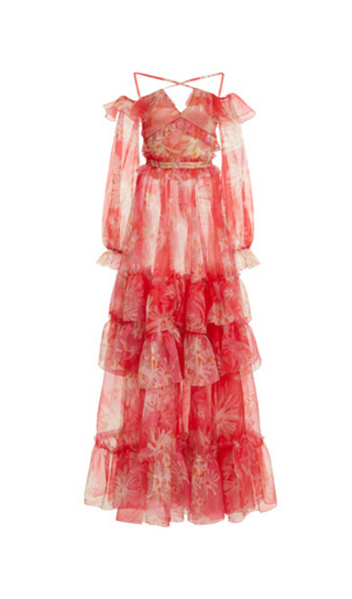 PRINTED OFF-THE-SHOULDER SILK ORGANZA MAXI DRESS