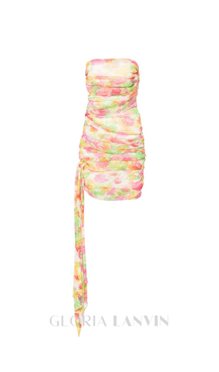 STRAPLESS FLORAL-PRINT RUCHED MINI DRESS