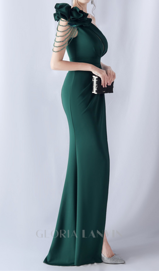 DEBBY GREEN ONE SHOULDER FLOWER CUT OUT SLIT MAXI DRESS