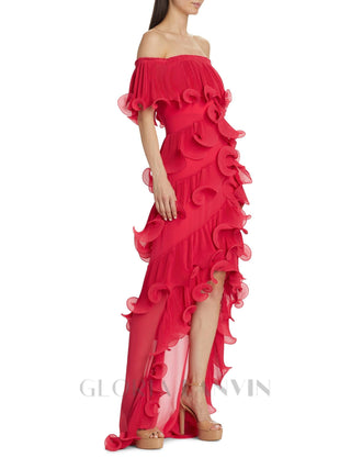 DORA ROSE RED OFF-SHOULDER PLEATED ORGANZA MAXI DRESS