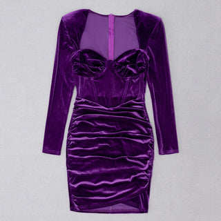 PURPLE VELVET LONG SLEEVES RUCHED MINI DRESS