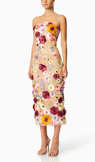 FLORAL PRINT STRAPLESS MIDI DRESS