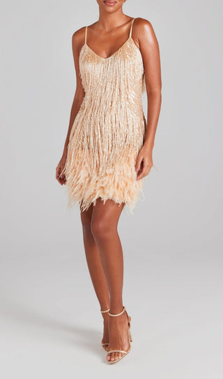 CHAMPAGNE TASSEL FEATHER MINI DRESS