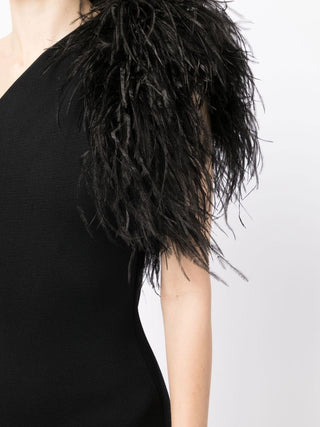 BLACK ONE SHOULDER COLUMN GOWN WITH FEATHERS