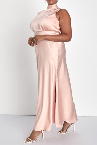 Blush Satin Sleeveless Mock Neck Maxi Dress