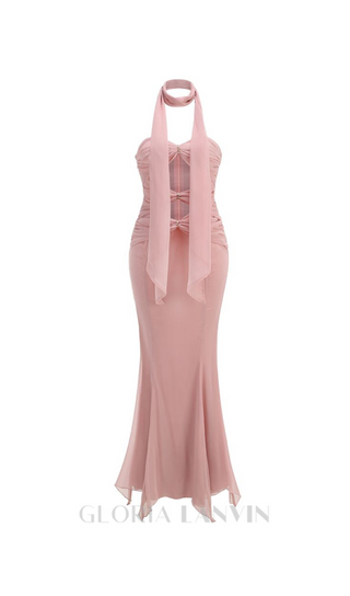 ALYSSA PINK HOLLOW BANDAGE STRAPLESS TULLE MAXI DRESS