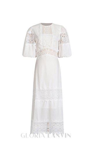 HAZEL WHITE EMBROIDERED ROUND NECK PUFF SLEEVE MIDI DRESS