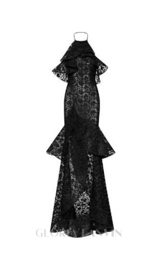 LYNN GARDENIA GUIPURE LACE RUFFLE GOWN IN BLACK