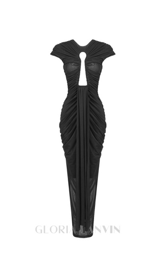 BRIANNA DRAPED KEYHOLE BODYCON GOWN IN BLACK