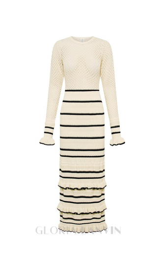 BRIDGET KNIT STRIPE FRILL MIDI DRESS IN WHITE