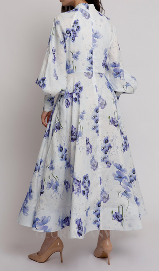 lantern sleeve floral print maxi dress in blue