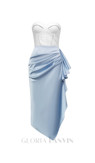 ADORA WHITE BLUE LACE BUSTIER DRAPED MIDI DRESS