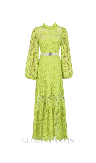 TARA GREEN LACE EMBROIDERED LONG SLEEVE MIDI DRESS