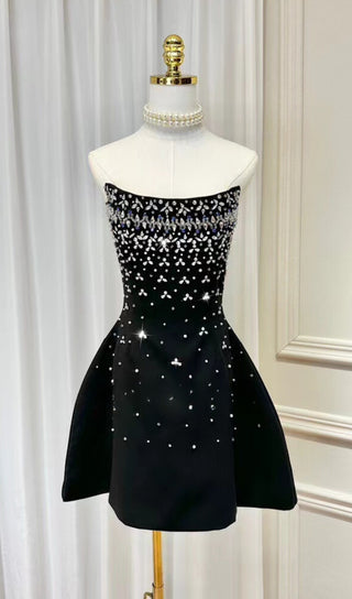 CRYSTAL BEADING STRAPLESS MINI DRESS IN BLACK