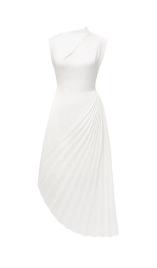 WHITE DIAGONAL PLEATED MIDI DRESS