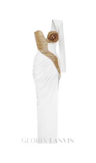 Rose Details High Sut Maxi Dress in gold white