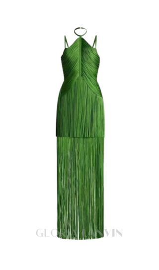 BRIANNA HALTER NECK FRINGE TASSEL DRESS IN GREEN