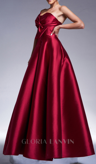 bow satin maxi dress in burgundy