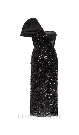 MARY BLACK SEQUINED LONGUETTE DRESS WITH BOW