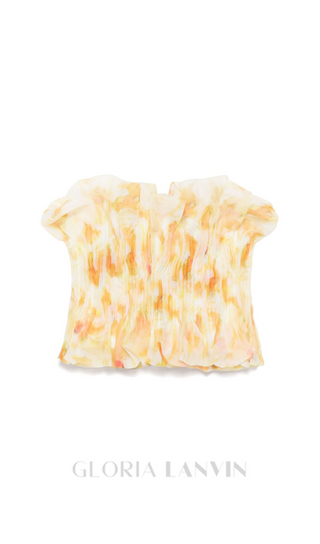 print ruffle trim top in yellow