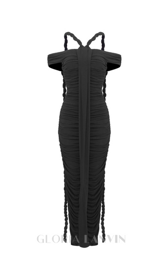 cara black off-shoulder ruched bodycon maxi dress with rope embellished