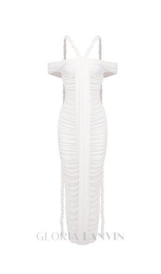 cara white off-shoulder ruched bodycon maxi dress with rope embellished