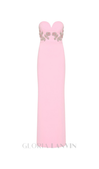 MEROY FLORAL EMBROIDERY STRAPLESS MAXI DRESS IN PINK