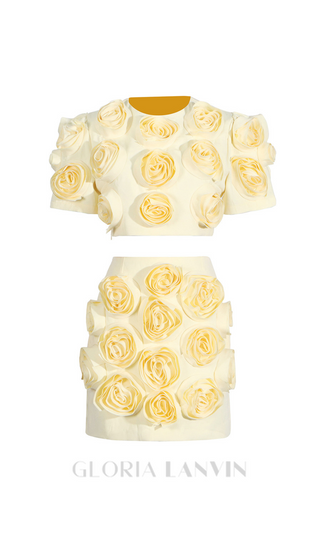 3D FLOWER BUBBLE SLEEVE TOP SKIRT SUIT IN YELLOW