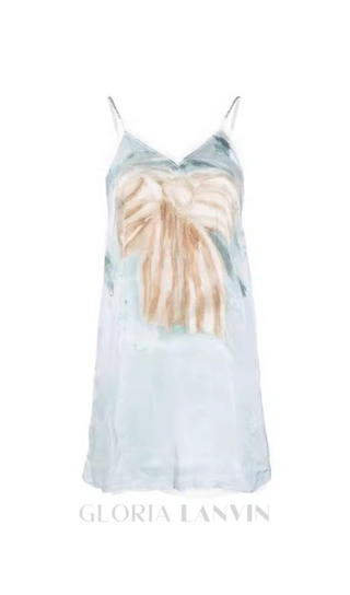 BOW-PRINT TULLE-TRIMS SATIN MINI DRESS IN PALE BLUE