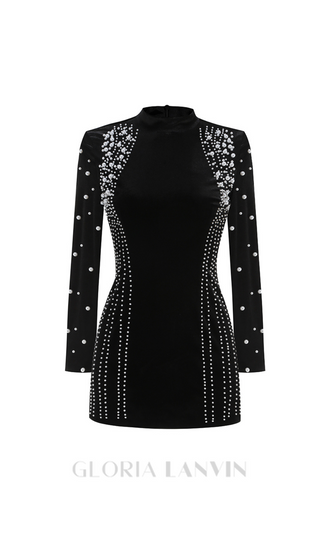 Mock Long Sleeve Pearl Velvet Mini Dress in black