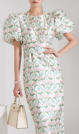 PUFF-SLEEVE FLORAL PRINTED MIDI DRESS