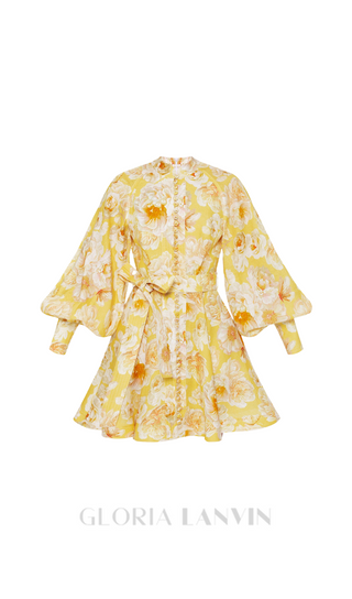 MONICA LANTERN SLEEVE FLORAL PRINT YELLOW MINI DRESS