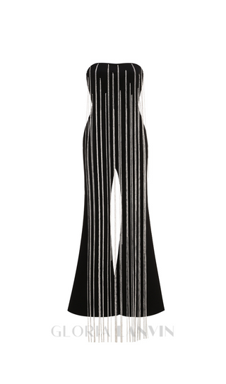 EVELYN CRYSTAL CHAIN DETAIL STRAPLESS BLACK JUMPSUIT