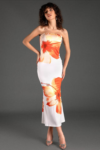 SARRIDES STRAPLESS PRINT MIDI DRESS