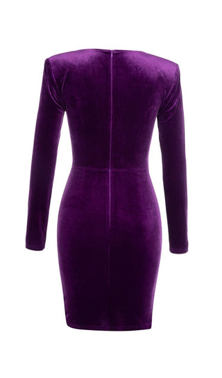 PURPLE VELVET LONG SLEEVES RUCHED MINI DRESS