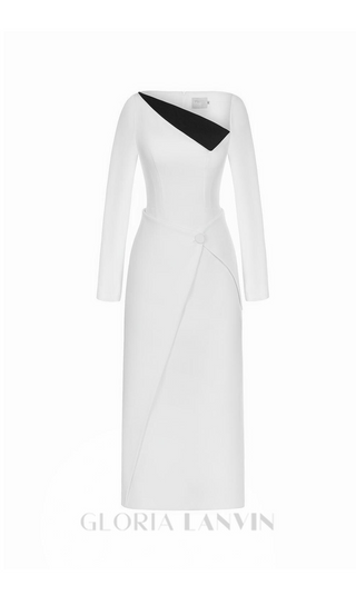 REGINA WHITE ASYMMETRIC NECK POLYCOTTON SHEATH MIDI DRESS