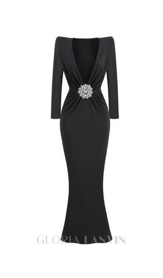 BERNICE LONG SLEEVE DRAPED EMBELLISHED MAXI DRESS IN BLACK