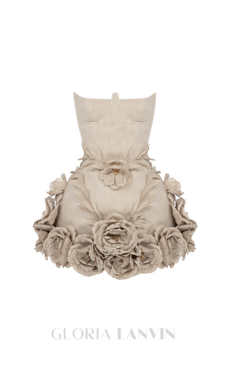 SALOME BEIGE LINEN CORSET FLOWER DETAILS MINI DRESS