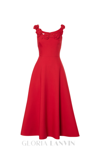 ULA EMBELLISHED FLORAL ROUND NECK MIDI DRESS IN RED