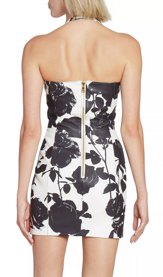 TABITHA TWO-TONE FLORAL-PRINT LEATHER MINI DRESS